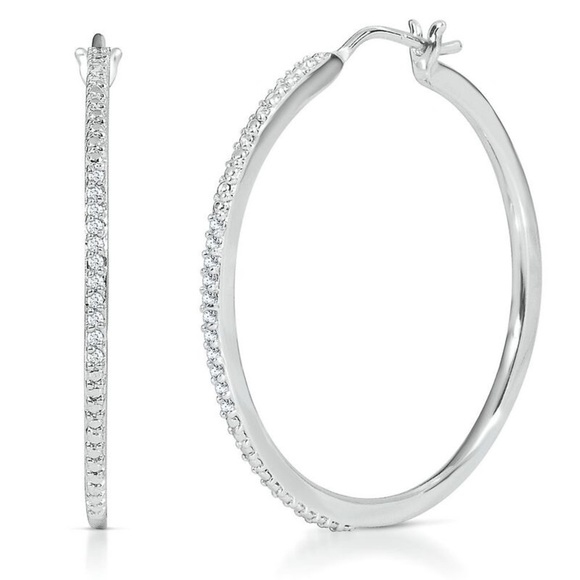 14k White Gold Plated Cubic Zirconia 30mm Hoop Earrings - Picture 6 of 7